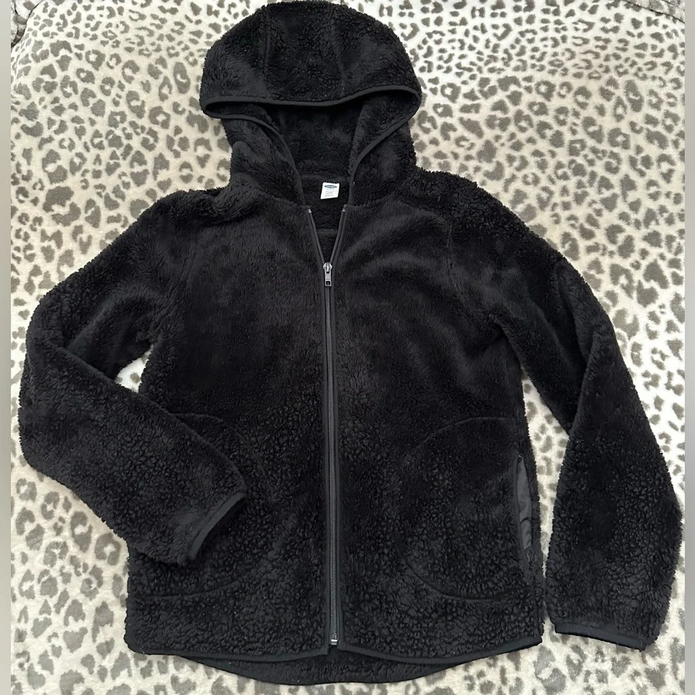 Old Navy Fuzzy Full Zip Hooded Jacket in Black Jack Size XL 14 Girls